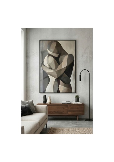 Siyah Ahşap Çerçeveli Soyut Sarılan Çift Modern Sanat Duvar Tablosu Siyah