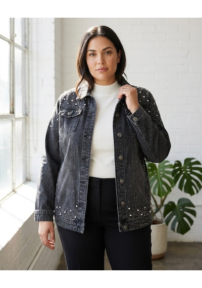 Büyük Beden Yakalı Taş Detaylı Cepli Kadın Denim Ceket Siyah