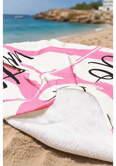 Love Yazılı Pembe Beyaz Plaj Havlusu - Modern Tipografik Romantik Hızlı Kuruyan Mikrofiber Havlu Keten Dalgası