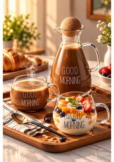Reoona Good Morning Cam Sürahi Ve 2 Li Kupa Seti Mantar/küre Kapaklı, 3 Parça Kahvaltı & İçecek Seti Şeffaf