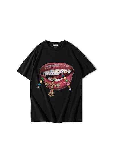 Brz Collectıon Brz Collection Unisex Oversize Grillz Renkli Taş Dudak Desenli T-shirt Siyah