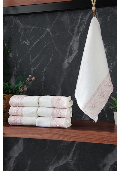 % 100 Pamuklu Kadife Güpürlü İnci Işlemeli 6 Lı Çeyizlik El Yüz Havlu Seti - 30x50 Cm - 04466 - Pembe Pembe