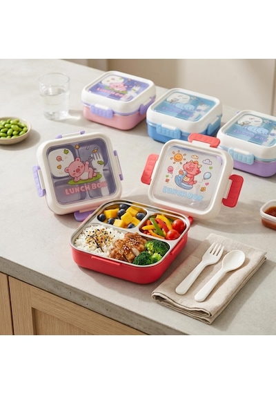 Paslanmaz Çelik 3 Bölmeli Kilitli Yemek Kabı 2000 Ml, Çatal Kaşık Dahil Renkli Desenli Lunch Box, Çelik İç Hazneli Saklama Ve Taşıma Kabı