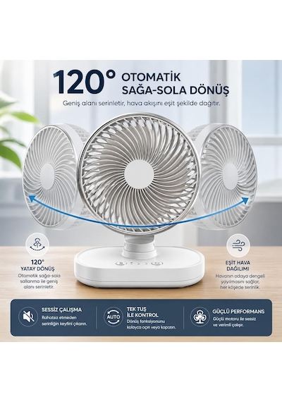 Masaüstü Vantilatör 120 Otomatik Döner Başlık 4 Kademeli Hız Sessiz Mini Fan, Taşınabilir, Uzun Süre Kullan