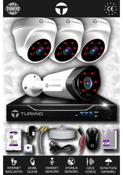 Turkno 4 Kameralı Galia 3 İç Kamera Set 320 GB HDD Full HD Gece Görüşlü Güvenlik Kamerası Sistemi