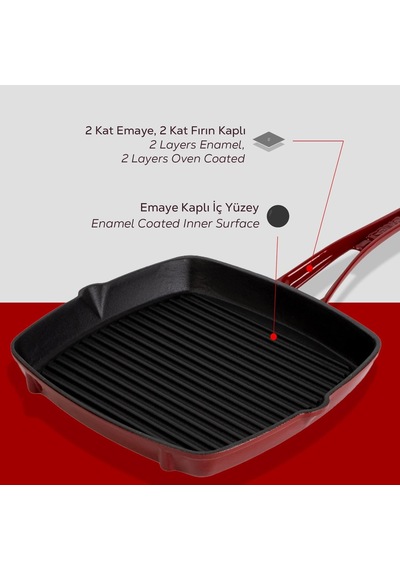 Tr Döküm Kare Izgara Tava Döküm Demir Yekpare Saplı 26x26 Bordo Genel