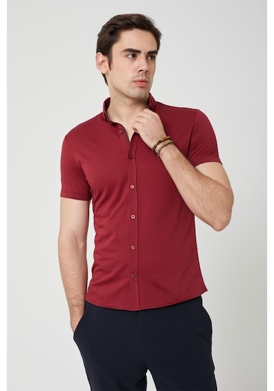 Coonless Erkek Kısa Kol Slim Fit Gömlek Kırmızı Beyaz