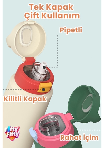 550 Ml Desenli Tek Kapak Çift Kullanım Pipetli Rahat İçim Kulplu Paslanmaz Çelik Termos 1109-550ml Koyu Yeşil
