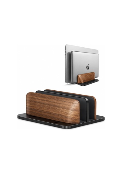 Ahşap Dikey Laptop Standı, Çift Yuvalı 2 Cihazlık Macbook Ve Notebook Tutucu, Masaüstü Organizer, Kaymaz Tabanlı Ahşap Metal Bilgisayar Standı Kahverengi