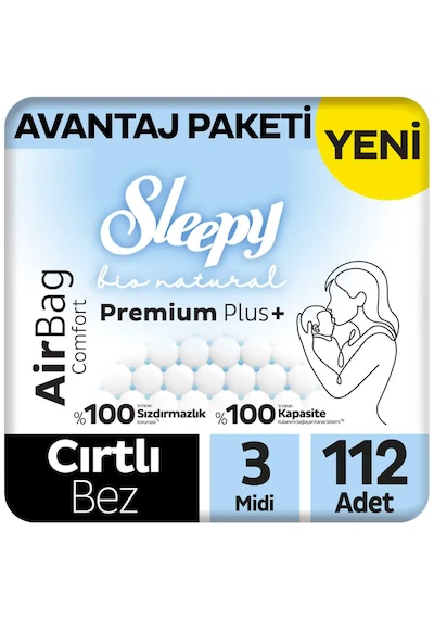 Sleepy Bio Natural Premium Plus Airbag Comfort Avantaj Paketi Bebek Bezi 3 Numara Midi 112 Adet