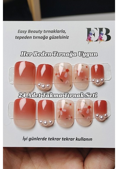 24 Adet Kısa Takma Tırnak Seti Küt Çiçek Desenli Ve Taşlı. Yapıştırıcı Bant Hediyeli Z279 Naturel