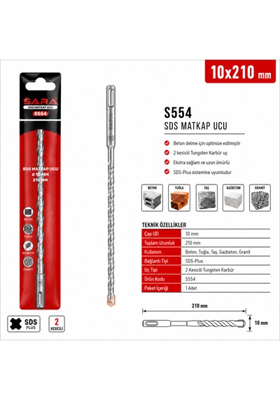 Sara S554 Sds Plus Matkap Ucu 10 X 210 Mm, 2 Kesicili Tungsten Karbür Uçlu