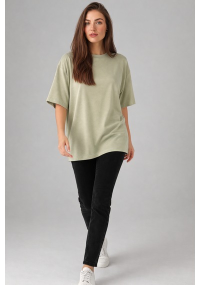 Enva Store Kadın Oversize Fit Yuvarlak Yaka Modal Basic T-shirt Tişört Haki