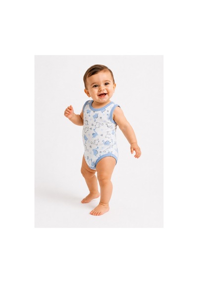 Rkek Bebek Dinozor Desenli Atlet Body Yazlık Pamuklu Çıtçıtlı Bebek Zıbını Mavi