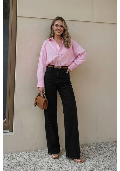 Kadın Yüksek Bel Likralı Wide Leg Siyah Jean Pantolon Siyah