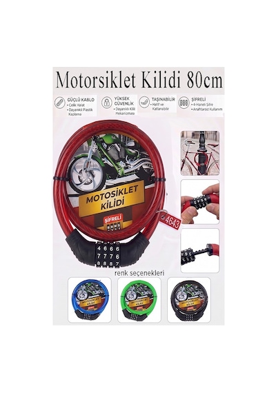 Şifreli Motosiklet Kilidi 80 Cm 1 Adet K-3682 Çelik Halat Plastik Kaplamalı Bisiklet Kiliti Motorsiklet Scooter Kapı Kırmızı