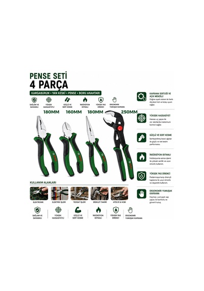 4 Parça Pense Seti - 10 İnç Papağan, 7 İnç Pense, 6 İnç Yan Keski, 7 İnç Kargaburnu Diğer
