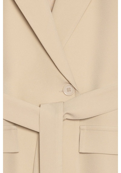 Sââde Kadın Tek Düğmeli Dokuma Kruvaze Blazer Ceket - Kuşaklı Bej
