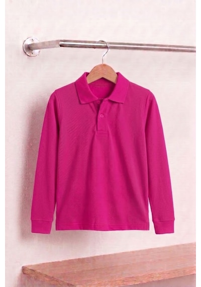 Nacar Store Unisex Çocuk Uzun Kollu Polo Yaka Lakost Okul Tişörtü Fuşya