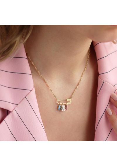 Swarovski Taşlı Çengelli İğne Modeli Gold Kaplama Gümüş Kolye Gümüş