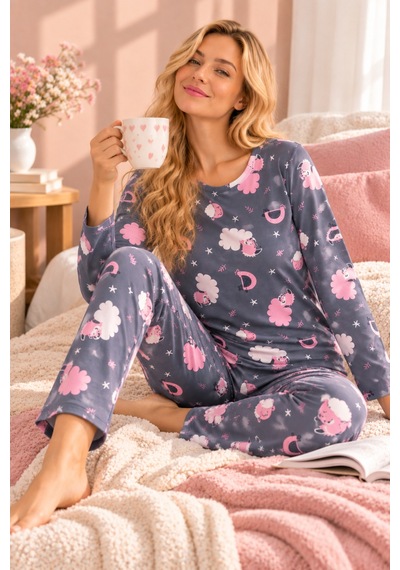 Free Beka Bisiklet Yaka Şık Desenli Rahat Ve Esnek Kumaş Uzun Kollu Kadın Pijama Takımı Gri