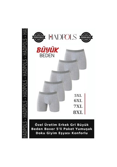 Hadpols Özel Üretim Erkek Gri Büyük Beden Boxer 5'li Paket Yumuşak Doku Giyim Eşyası Konforlu