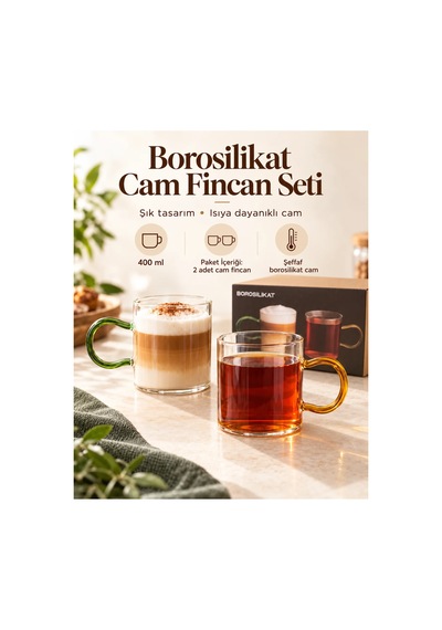 Ürün Adı 2 Li Renkli Kulplu Borosilikat Cam Kupa Seti 400 Ml Yeşil & Amber Çok Renkli