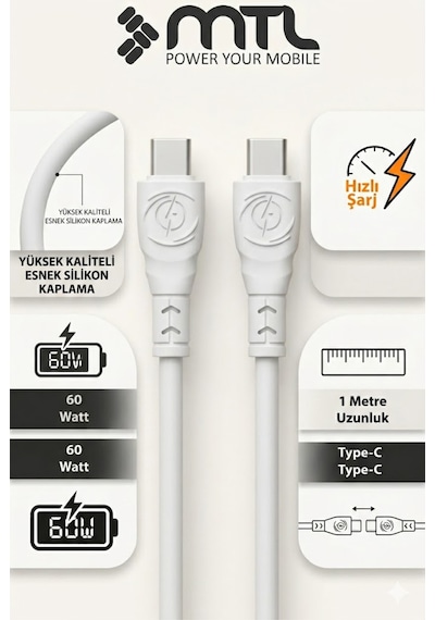 60w Type-c To Type-c Hızlı Extra Yumuşak Dayanıklı Şarj Ve Data Kablosu Mt2480