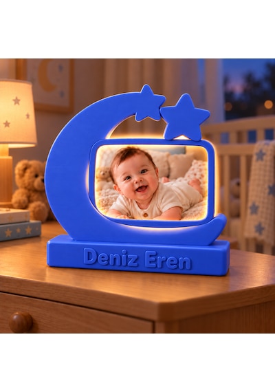 Sehmira Kişiye Özel Led Işıklı Ay Yıldız Fotoğraf Lambası Koyu Mavi