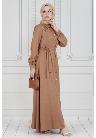 Sevitli İnci Çakım Önü Düğmeli Keten Elbise-camel-3615-camel Camel