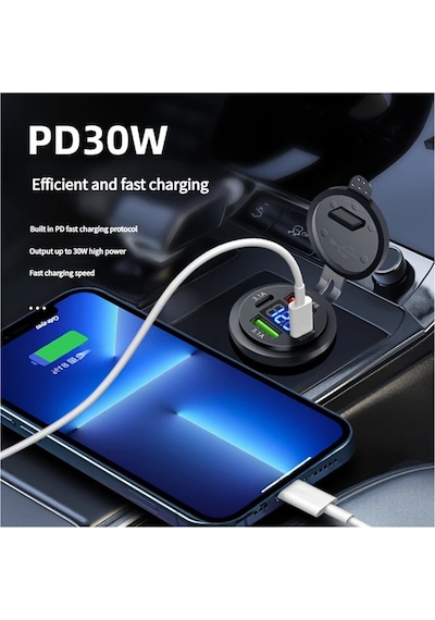 Gaojunshop01 Yükseltilmiş 30w Pd/qc3.0 Hızlı Araç Şarj Cihazı 12-40v Usb-c Çakmaklık Adaptörü Siyah Mavi Işıklı