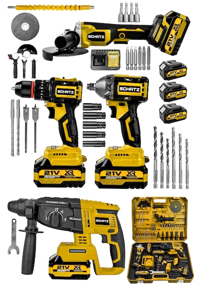 Schatz 21v Darbeli Kömürsüz Kırıcı Delici Hilti & Taşlama & Matkap & Somun Sıkma Sökme 4'lü Set Sarı