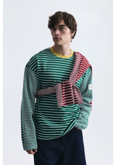 Vamos Kontrast Yaka Çizgili Sweatshirt Ekru-yeşil
