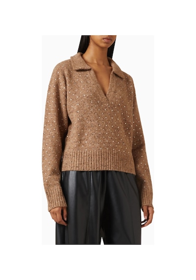 Pinko Nibani Rhinestone Sweater Üks, Taş Işlemeli Yün Triko Kahverengi