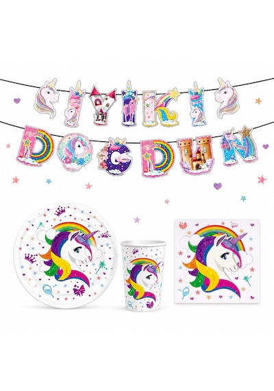 Unicorn Doğum Günü Parti Seti İyi Ki Doğdun Banner + Tabak + Bardak + Peçete Unicorn Temalı Parti Süsü