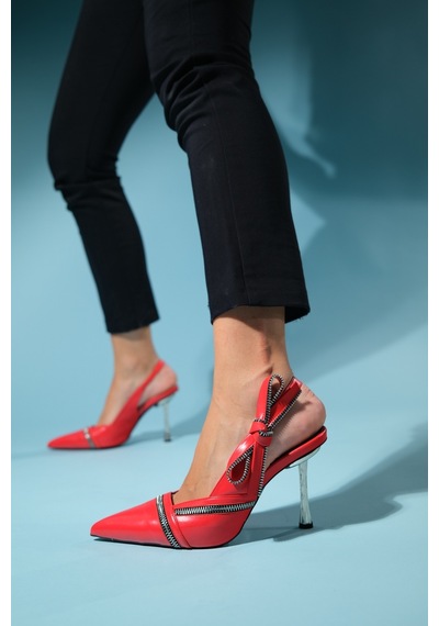 Luvishoes Glen Kırmızı Cilt Fermuar Detaylı Kadın Yüksek Topuklu Ayakkabı Kırmızı