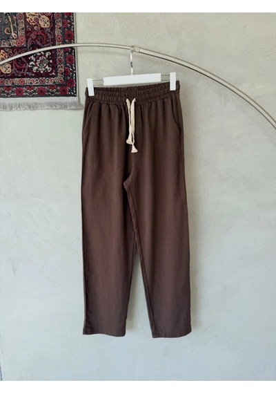 Defymoda Erkek İthal Yıkamalı Keten Pantolon Kahverengi