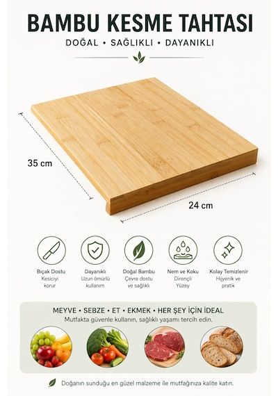 Orta Boy Bambu Kenarlı Kesme Tahtası Tezgah Üstü 35x24 Cm Açık Bej