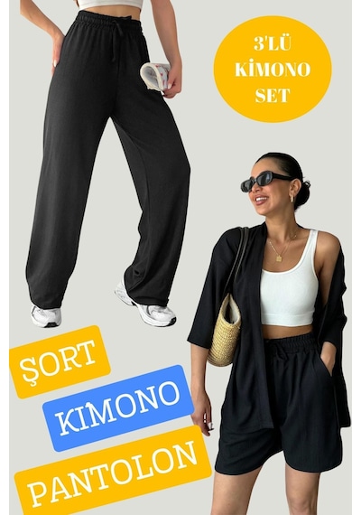Woman And Kids Kadın Düz Renk Rahat Kesim 3 Parça Set Kimono Şort Pantolon Takım Siyah