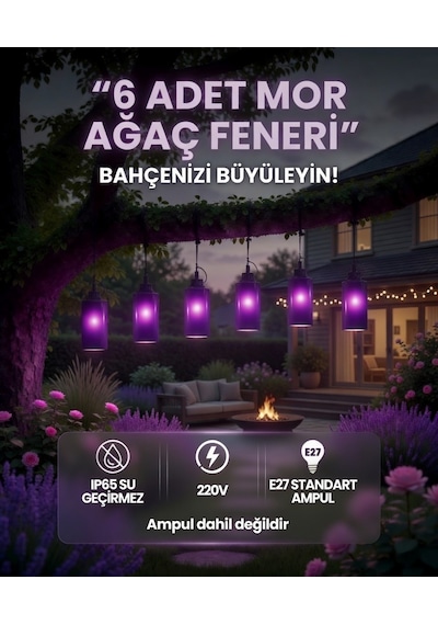 6 Lı Mor Ağaç Feneri Ip65 Su Geçirmez E27 Bahçe Aydınlatma Seti 220v Dekoratif Sarkıt Fener
