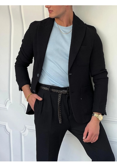 Modefendi %100 Pamuk Keten Modern Fit Keten Ceket Siyah