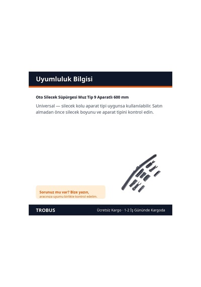 Trobus Oto Silecek Süpürgesi Muz Tip 9 Aparatlı 600 Mm