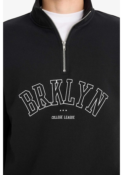 Defacto Boxy Fit Dik Yaka Fermuarlı Baskılı Sweatshirt E9414ax25aubk81 Siyah