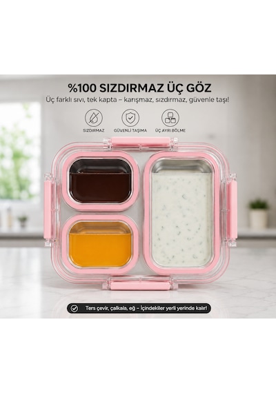 Muzeko Diyet, Beslenme Kabı Mzk4003 Sızdırmaz Kapaklı Metal 3 Bölmeli Lunch Box Beslenme 800ml 304çelik Pembe Okul Piknik Ve İşyerleri İçin Açık Pembe