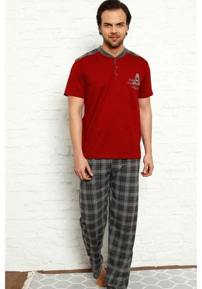 Alimer Erkek Bordo Kısa Kollu Ekoseli Pijama Takımı 1153Kk-B