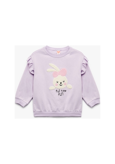 Koton Kız Bebek Şardonlu Uzun Kollu Bisiklet Yaka Tavşan Aplikeli Pamuklu Sweatshirt Lila