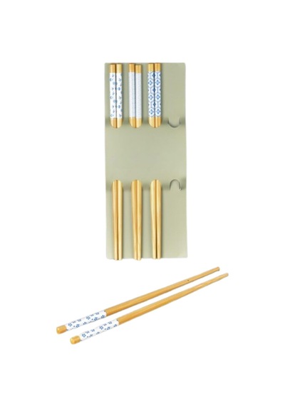 Lexroo Bambu Yemek Çubuğu Seti, 23 Cm, Siyah Beyaz Desenli, 4 Çift Mavi