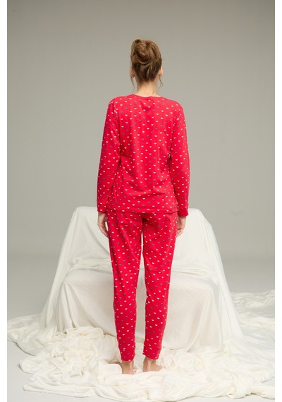 Siyah İnci Pamuklu Bisiklet Yaka Örme Pijama Takım25241153 Kırmızı