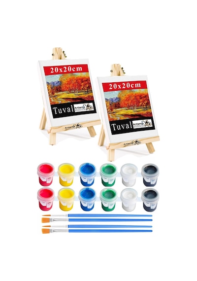Mini Şövale 20x20 Cm Tuval 3 Ml Akrilik Boya 6 Renk Ve Fırça 2 Adet 20x20 Mini Tuval Masaüstü Küçük Şövale Boyama Seti