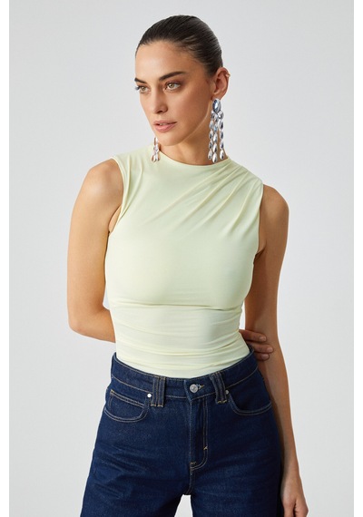 ETHIQUET CANISA Kadın Slim Fit Sıfır Kol Yuvarlak Yaka Düz Renk Sarı Atlet